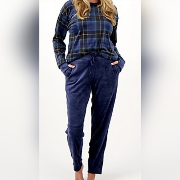 Super Snuggly Soft Cuddle Duds Fleece SET OF 2 - Top & Pants - 2X NEW Blue Plaid - Picture 7 of 8